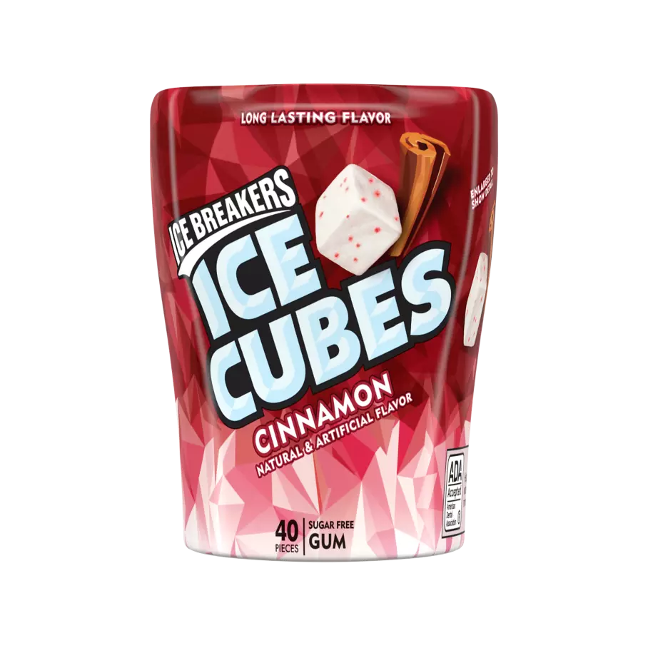ICE BREAKERS ICE CUBES Cinnamon Sugar Free Gum, 3.24 oz bottle, 40 pieces - Front of Package