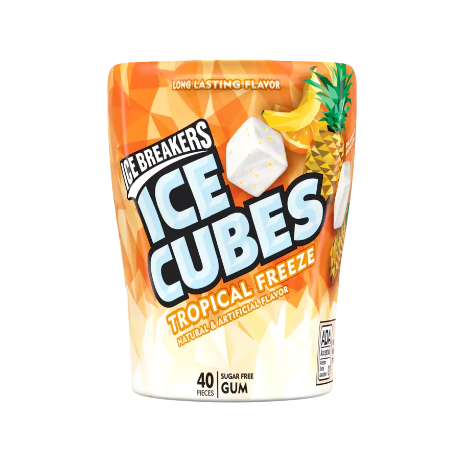 ICE BREAKERS ICE CUBES TROPICAL FREEZE Sugar Free Gum, 3.24 oz bottle, 40 pieces - Front of Package
