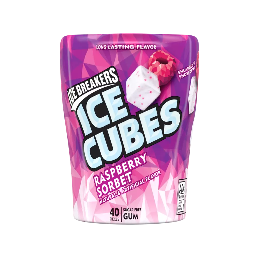 ICE BREAKERS ICE CUBES Raspberry Sorbet Sugar Free Gum, 3.24 oz bottle, 40 pieces - Front of Package