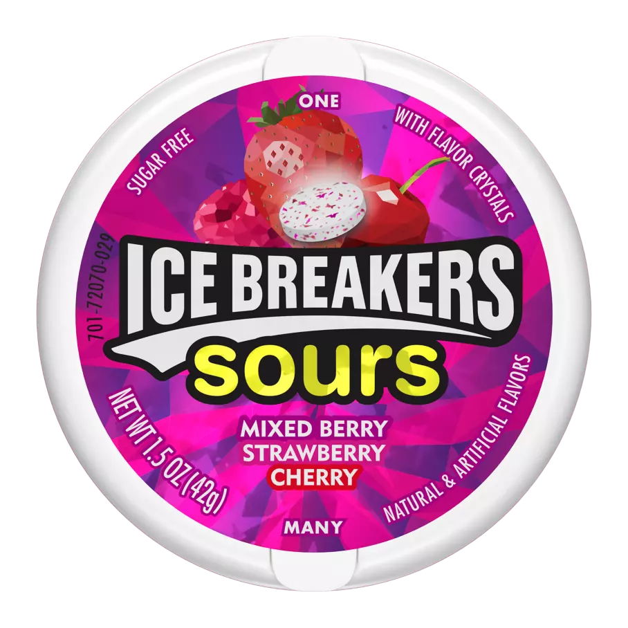 ICE BREAKERS Sours Mixed Berry Sugar Free Mints, 1.5 oz puck - Front of Package