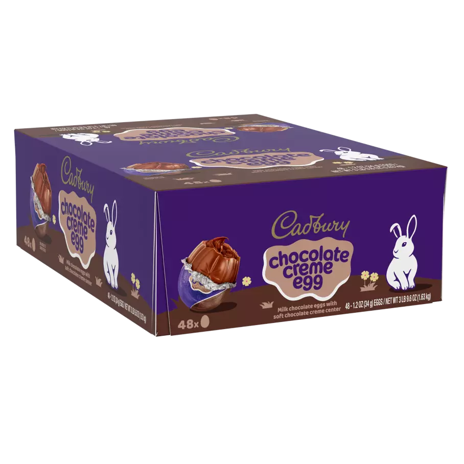 CADBURY CHOCOLATE CREME EGG Milk Chocolate with Chocolate Creme Eggs, 1.2 oz box, 48 count - Front of Package
