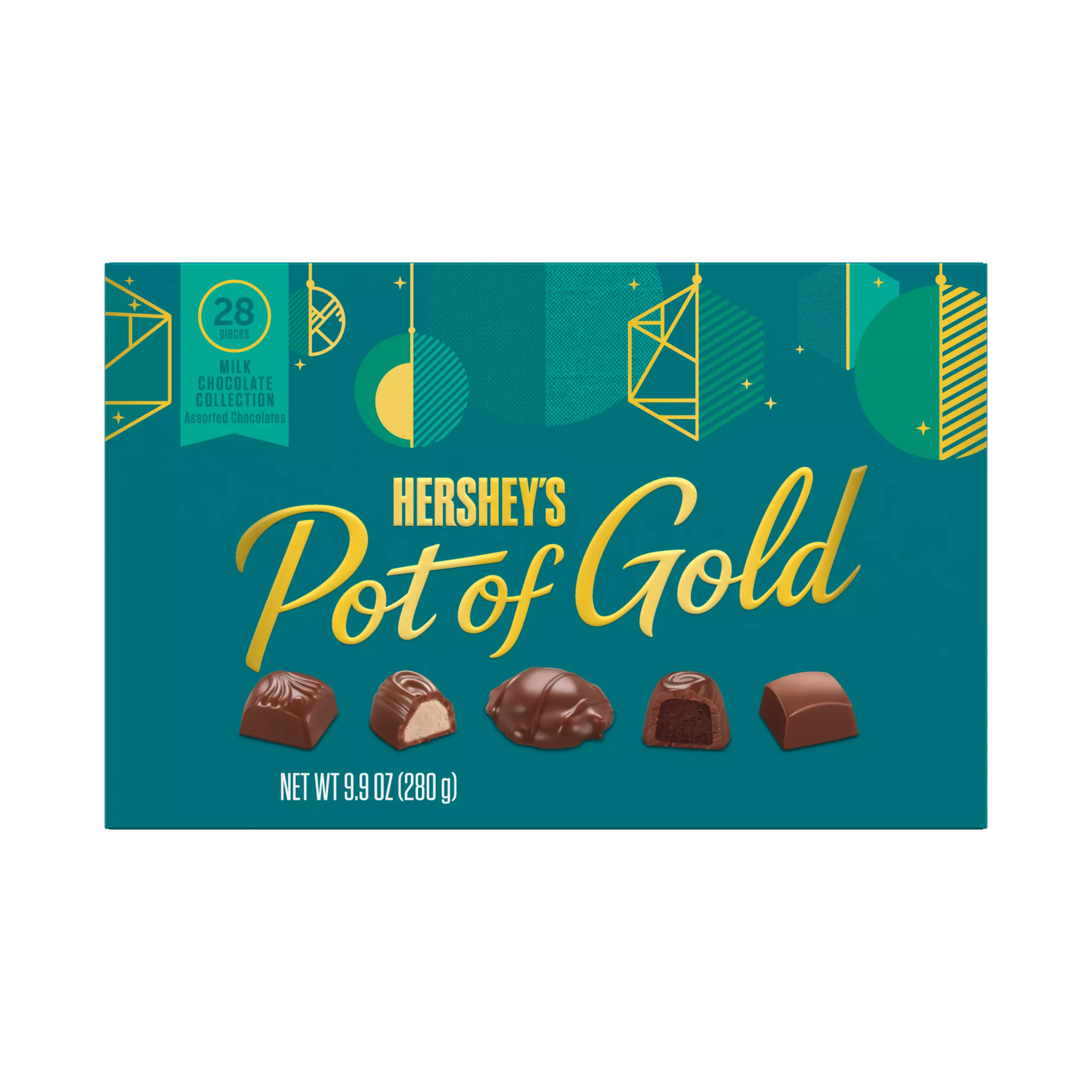 HERSHEY'S POT OF GOLD Milk Chocolate Collection Assortment, 9.9 oz box, 28 pieces - Front of Package