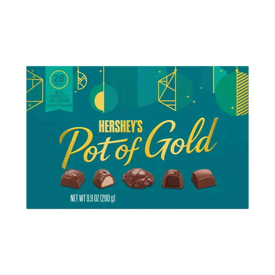 HERSHEY'S POT OF GOLD Milk Chocolate Collection Assortment, 9.9 oz box, 28 pieces - Front of Package