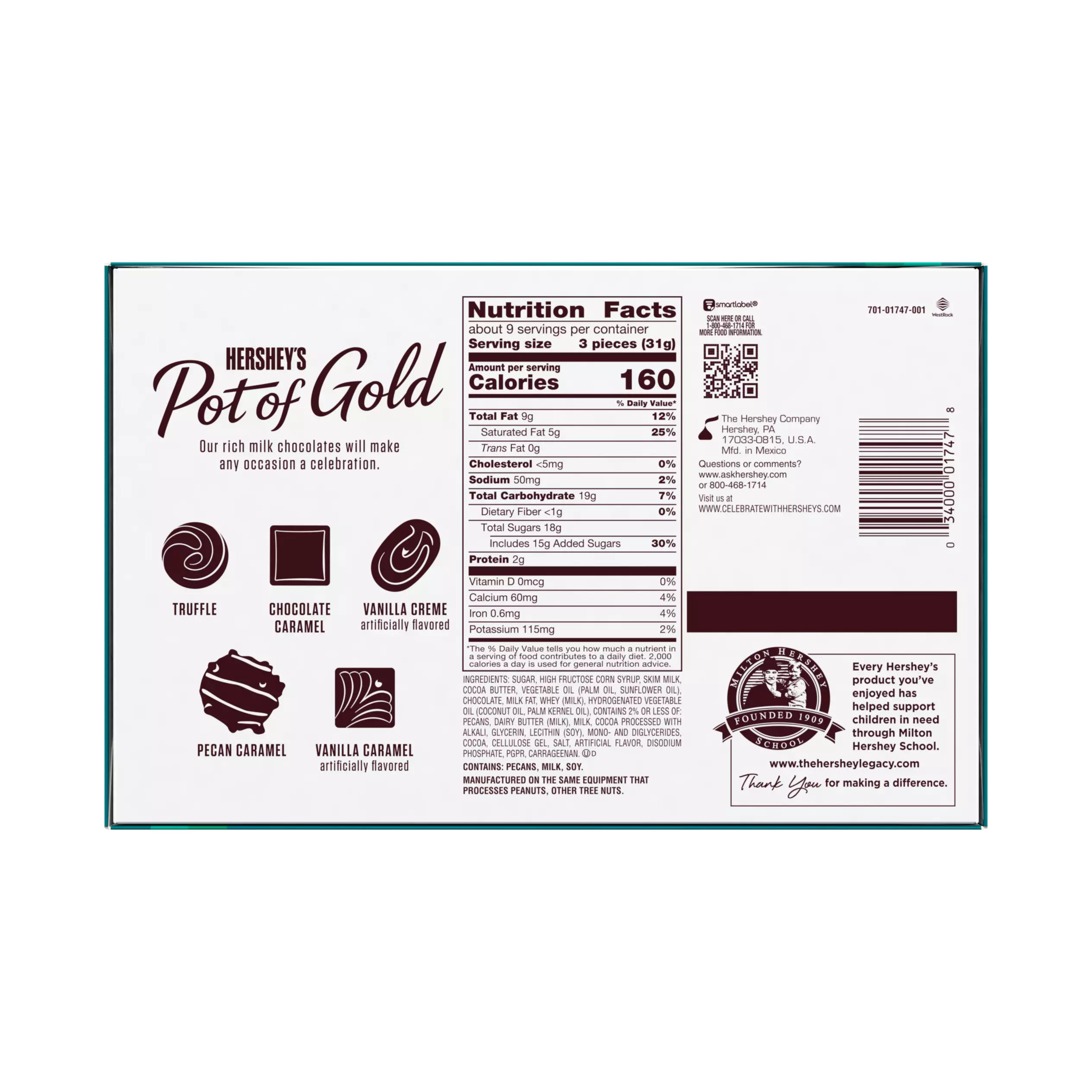 HERSHEY'S POT OF GOLD Milk Chocolate Collection Assortment, 9.9 oz box, 28 pieces - Bottom of Package