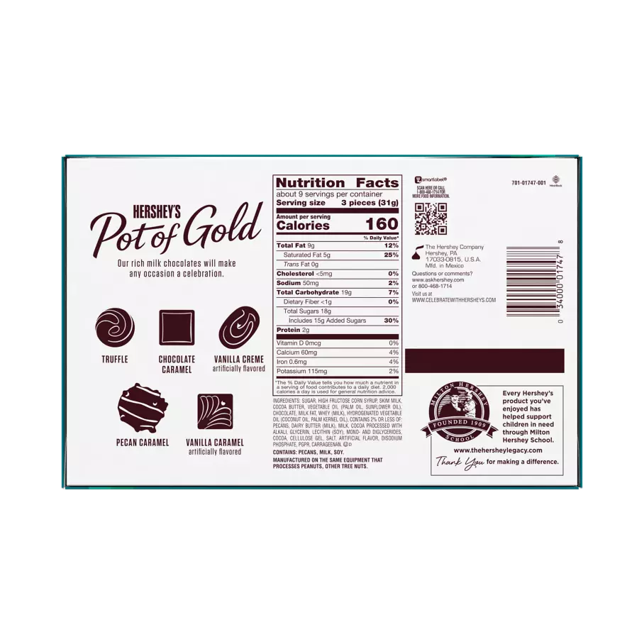 HERSHEY'S POT OF GOLD Milk Chocolate Collection Assortment, 9.9 oz box, 28 pieces - Bottom of Package