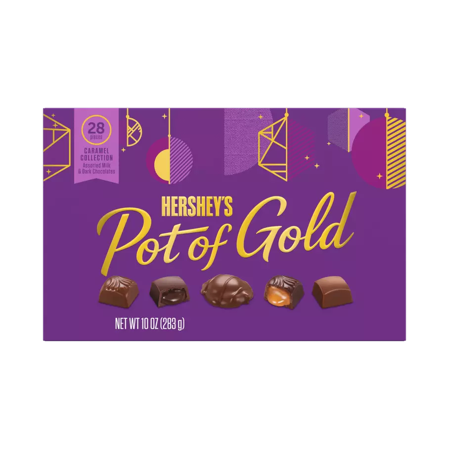 HERSHEY'S POT OF GOLD Caramel Collection Assortment, 10 oz box, 28 pieces - Front of Package