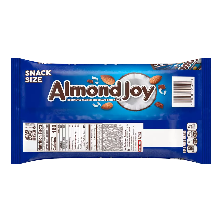 ALMOND JOY Coconut and Almond Chocolate Snack Size Candy Bars, 11.3 oz bag - Back of Package