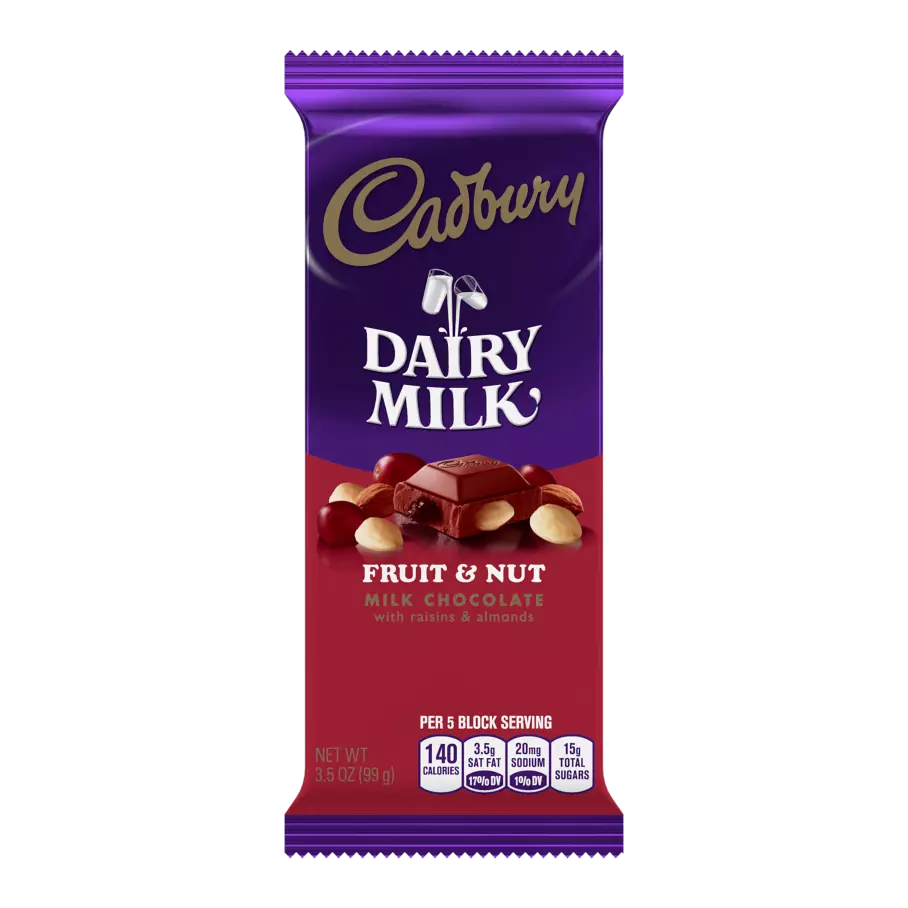 CADBURY DAIRY MILK Fruit & Nut Candy Bar, 3.5 oz - Front of Package