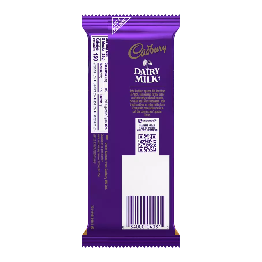 CADBURY DAIRY MILK Roast Almond Candy Bar, 3.5 oz - Back of Package