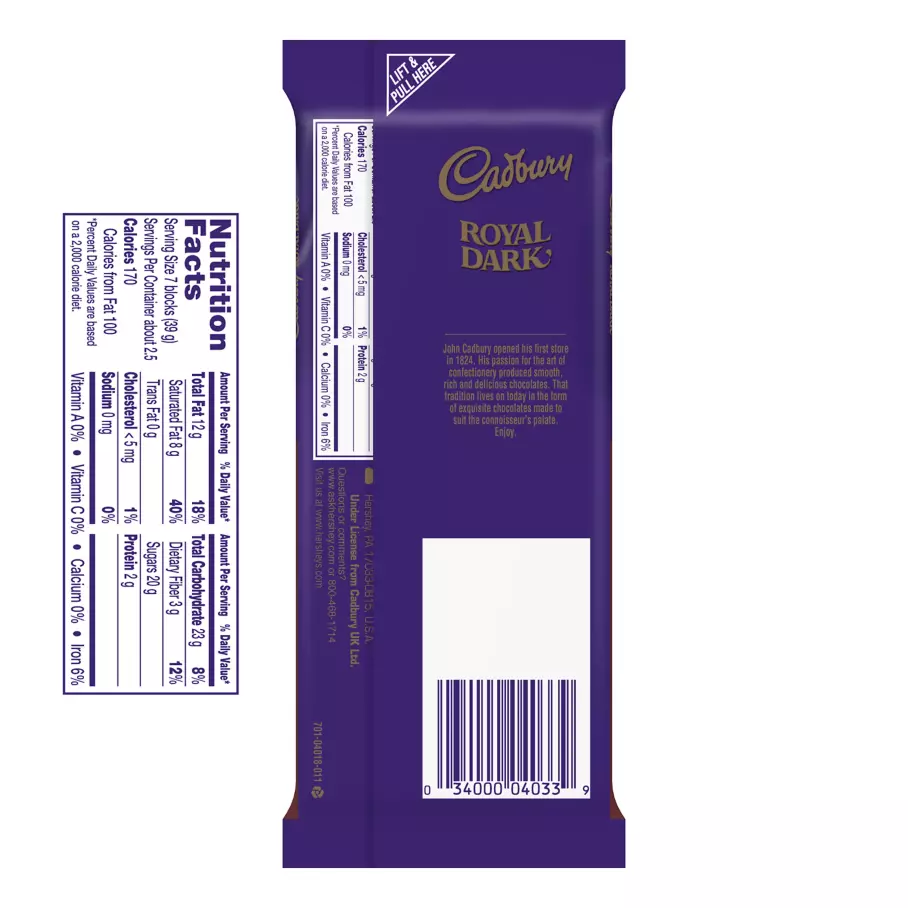CADBURY ROYAL DARK Dark Chocolate Candy Bar, 3.5 oz - Back of Package