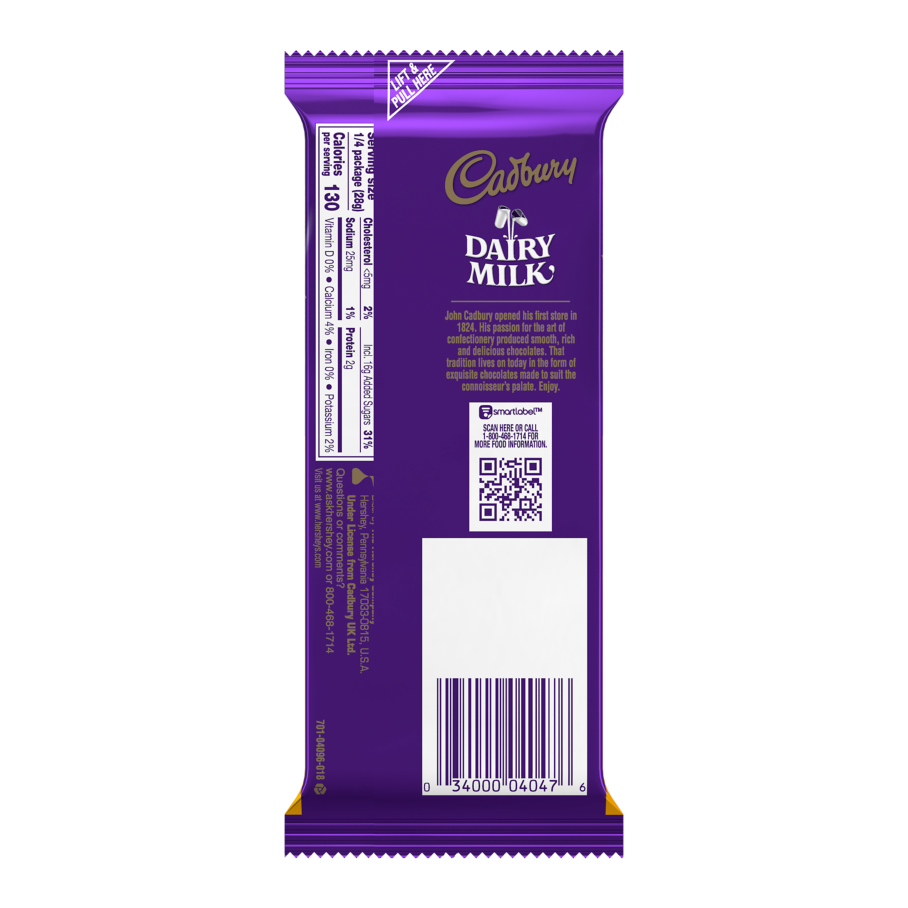 CADBURY DAIRY MILK CARAMELLO Caramel and Milk Chocolate Candy Bar, 4 oz - Back of Package
