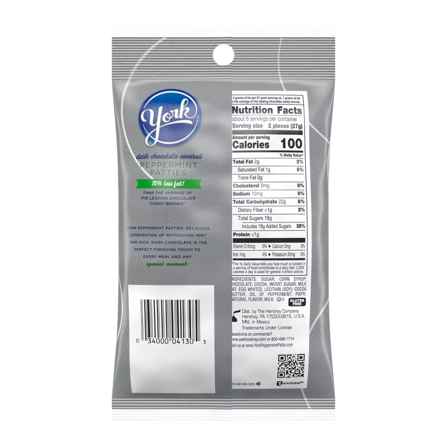 YORK Dark Chocolate Peppermint Patties, 5.3 oz bag - Back of Package