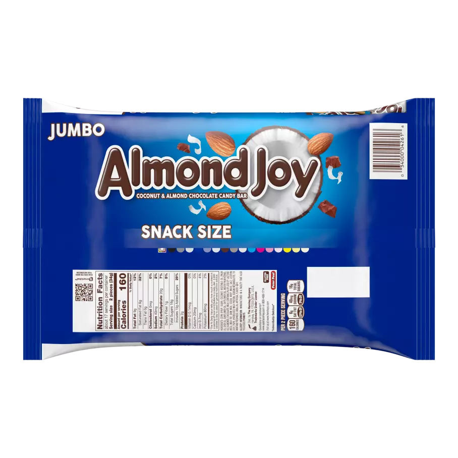 ALMOND JOY Coconut and Almond Chocolate Snack Size Candy Bars, 20.1 oz jumbo bag - Back of Package