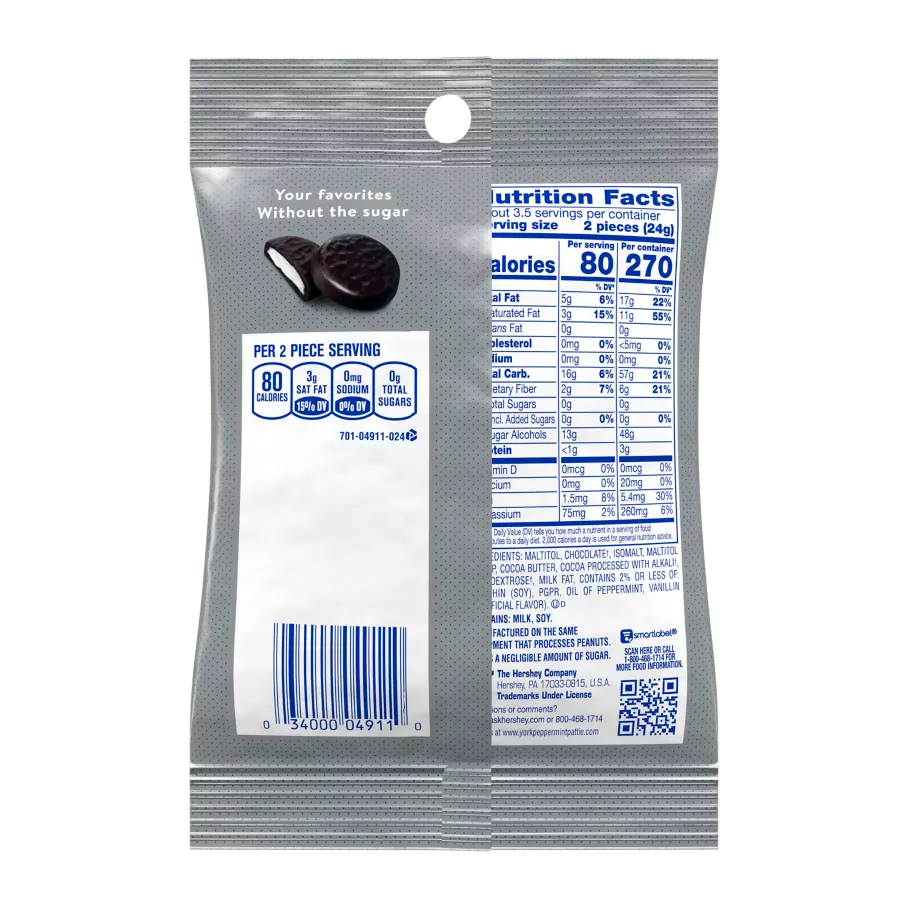 YORK Zero Sugar Dark Chocolate Candy Peppermint Patties, 3 oz bag - Back of Package