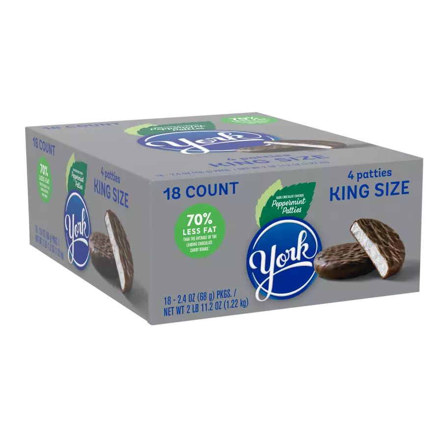 YORK Dark Chocolate King Size Peppermint Patties, 2.4 oz, 18 count box - Front of Package