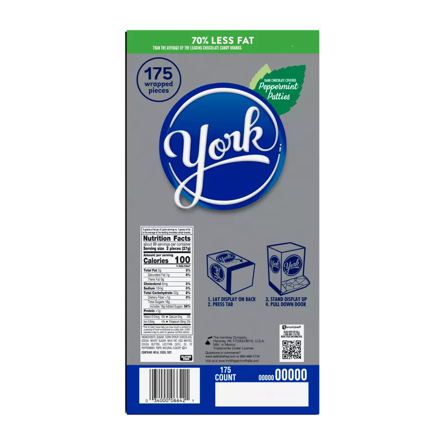 YORK Dark Chocolate Peppermint Patties, 84 oz box, 175 pack - Back of Package