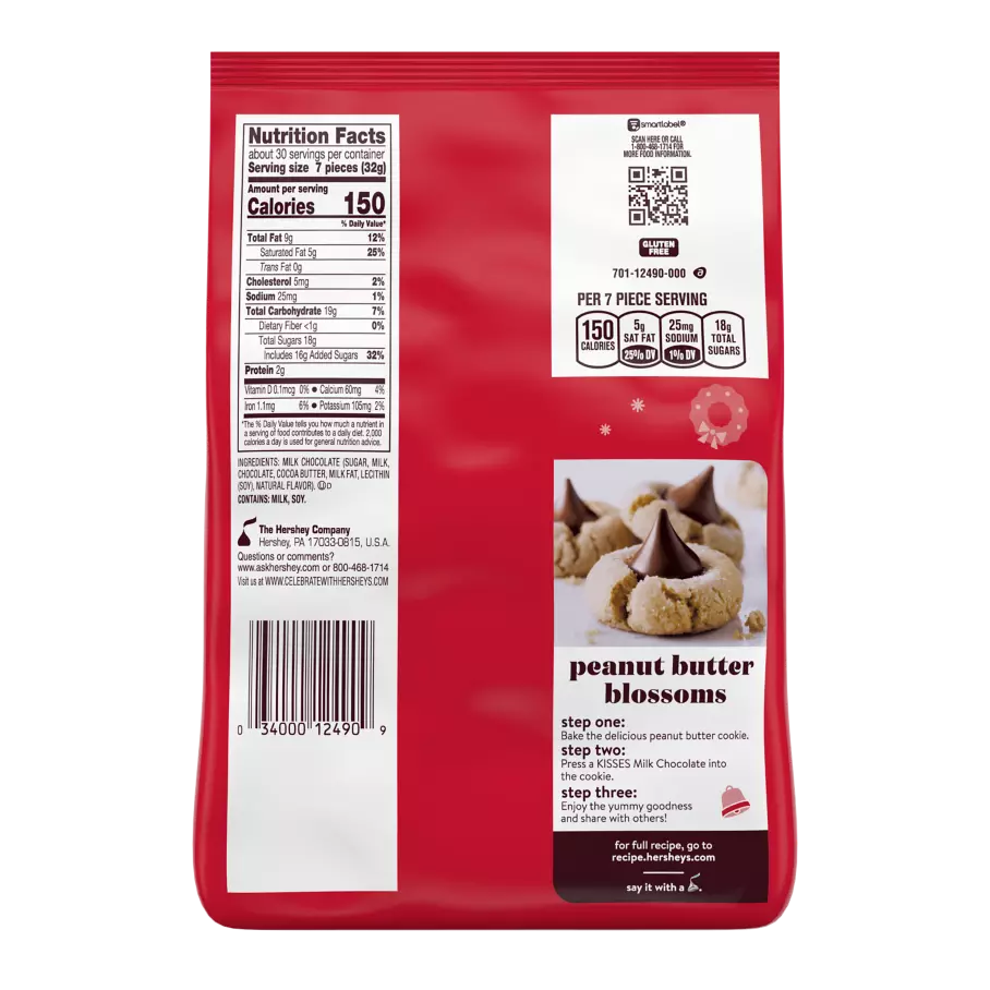 HERSHEY'S KISSES Holiday Milk Chocolate Candy, 34.1 oz bag - Back of Package