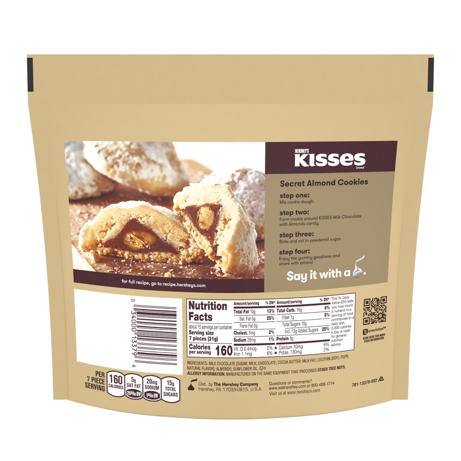 HERSHEY'S KISSES Milk Chocolate with Almonds Candy, 16 oz pack - Back of Package