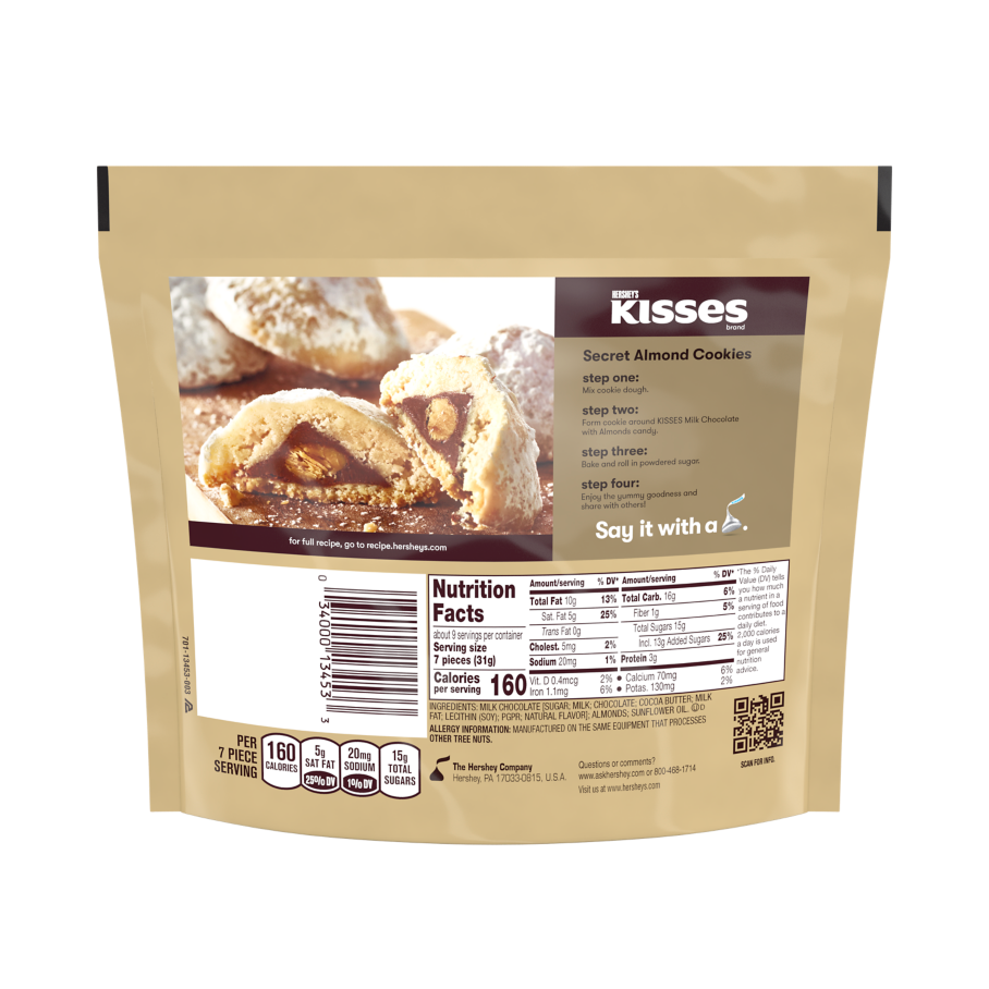 HERSHEY'S KISSES Milk Chocolate with Almonds Candy, 10 oz pack - Back of Package