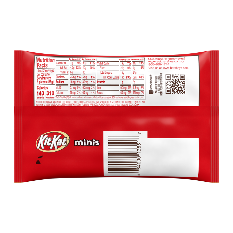 KIT KAT® Minis Milk Chocolate King Size Candy Bars, 2.2 oz bag - Back of Package