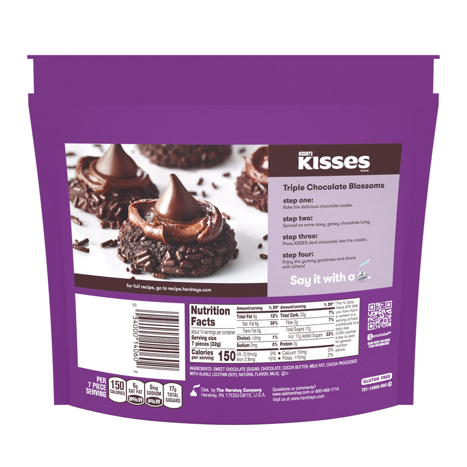 HERSHEY'S KISSES SPECIAL DARK Mildly Sweet Chocolate Candy, 16.1 oz pack - Back of Package
