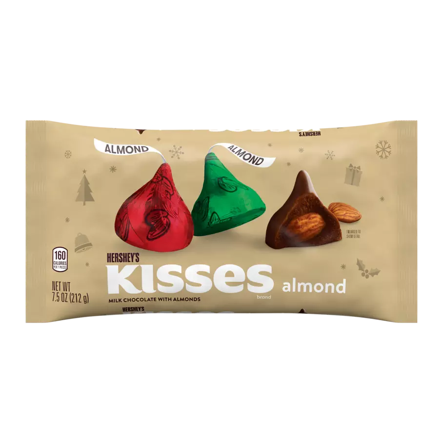 HERSHEY'S KISSES Holiday Milk Chocolate with Almonds Candy, 7.5 oz bag - Front of Package