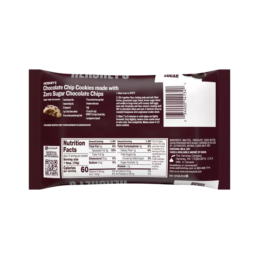 HERSHEY'S Sugar Free Chocolate Chips, 8 oz bag - Back of Package