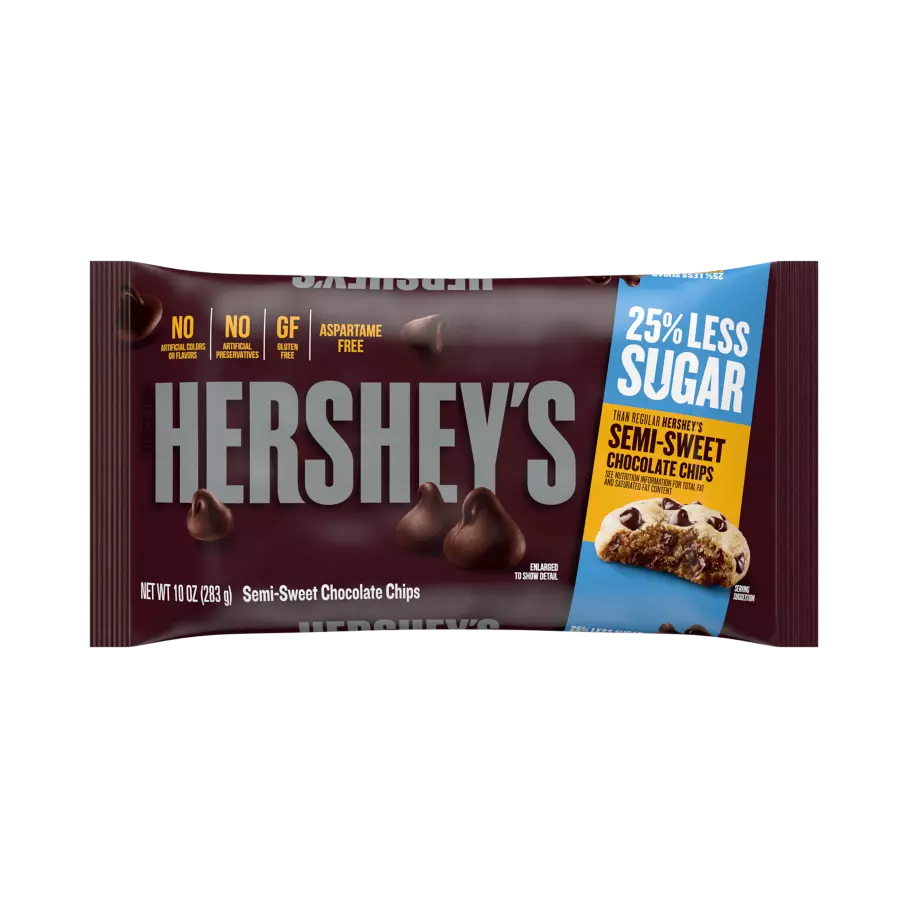 HERSHEY'S 25% Less Sugar Semi-Sweet Chocolate Chips, 10 oz bag - Front of Package
