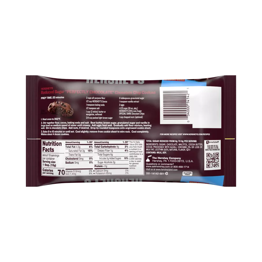 HERSHEY'S 25% Less Sugar SPECIAL DARK Mildly Sweet Chocolate Chips, 10 oz bag - Back of Package