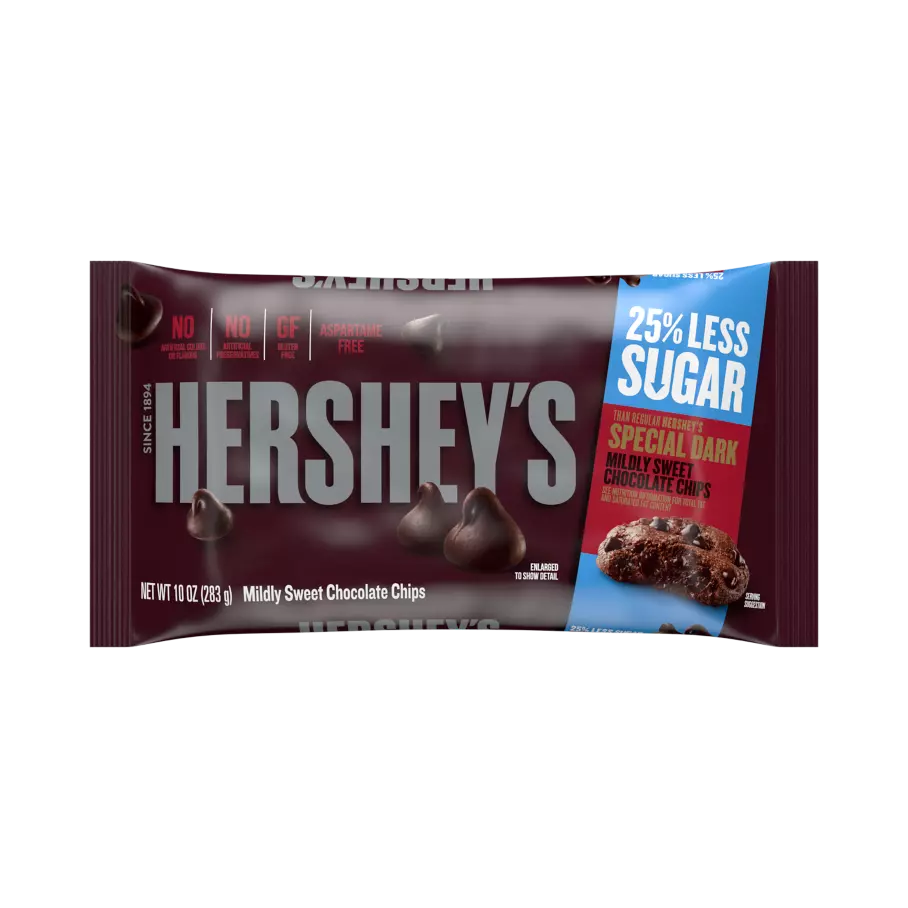 HERSHEY'S 25% Less Sugar SPECIAL DARK Mildly Sweet Chocolate Chips, 10 oz bag - Front of Package