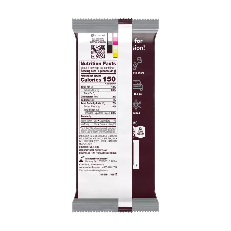 HERSHEY'S Milk Chocolate XL Candy Bar, 4.4 oz - Back of Package