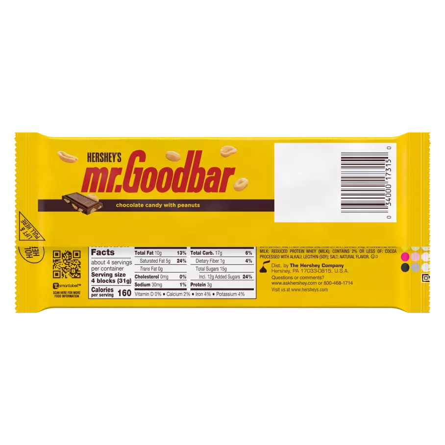 HERSHEY'S MR. GOODBAR Milk Chocolate with Peanuts XL Candy Bar, 4.4 oz - Back of Package