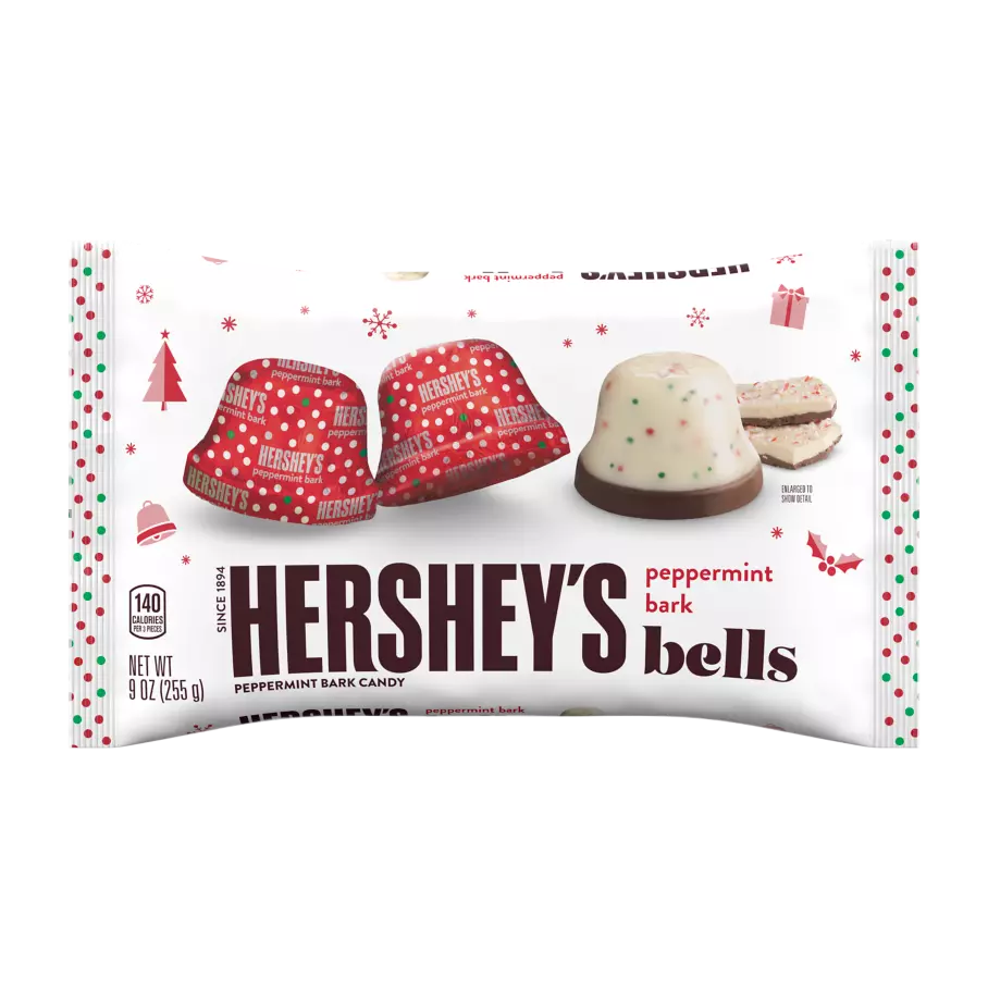 HERSHEY'S Peppermint Bark Bells, 9 oz bag - Front of Package