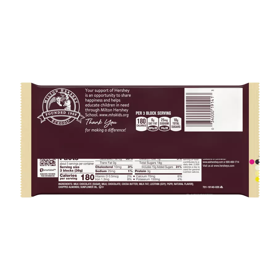 HERSHEY'S Milk Chocolate with Almonds Giant Candy Bar, 6.8 oz - Back of Package