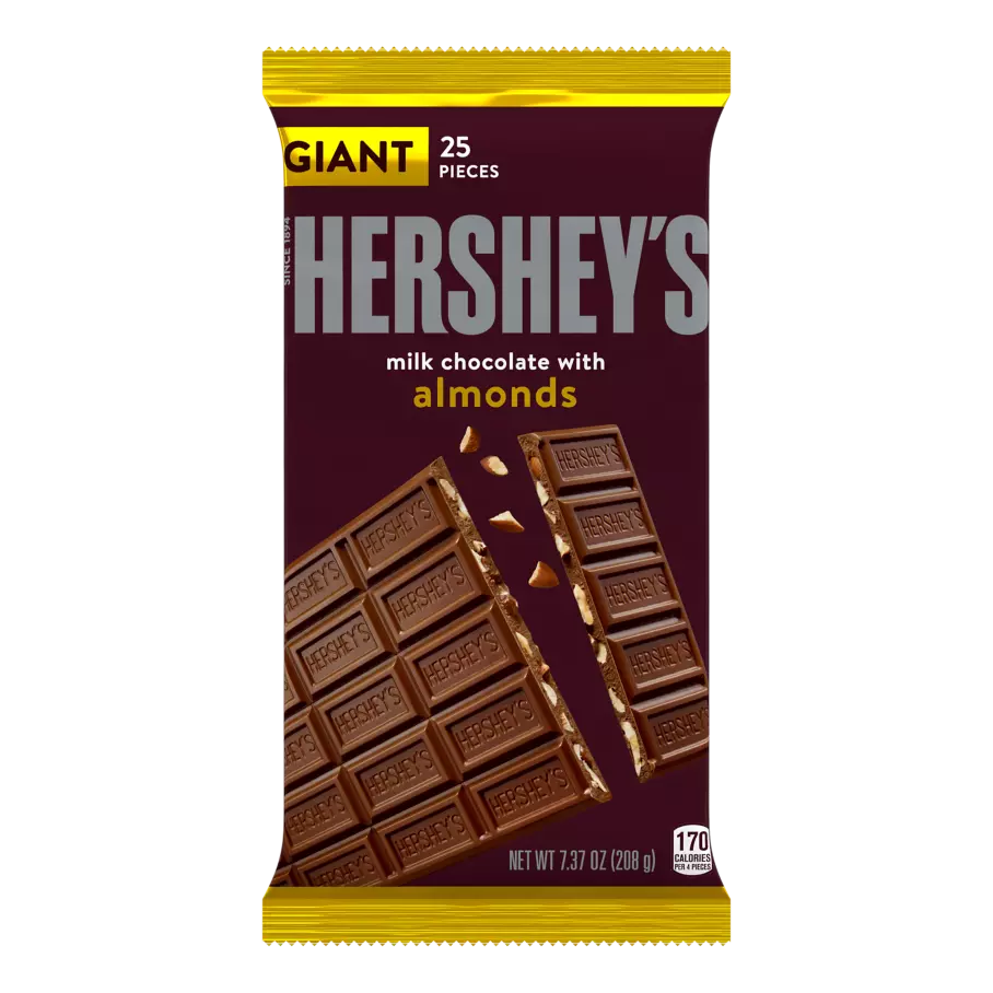 HERSHEY'S Milk Chocolate with Almonds Giant Candy Bar, 7.37 oz - Front of Package