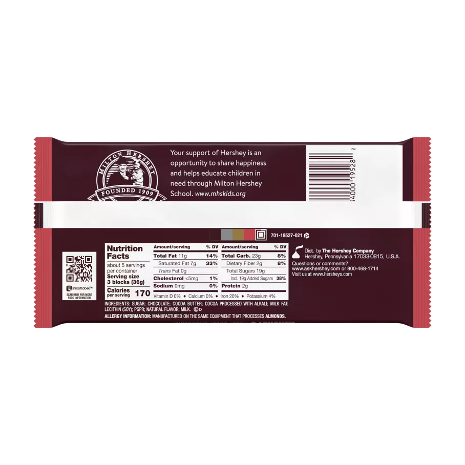 HERSHEY'S SPECIAL DARK Mildly Sweet Chocolate Giant Candy Bar, 6.8 oz - Back of Package