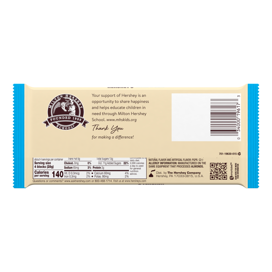 HERSHEY'S COOKIES 'N' CREME XL Candy Bar, 4 oz - Back of Package