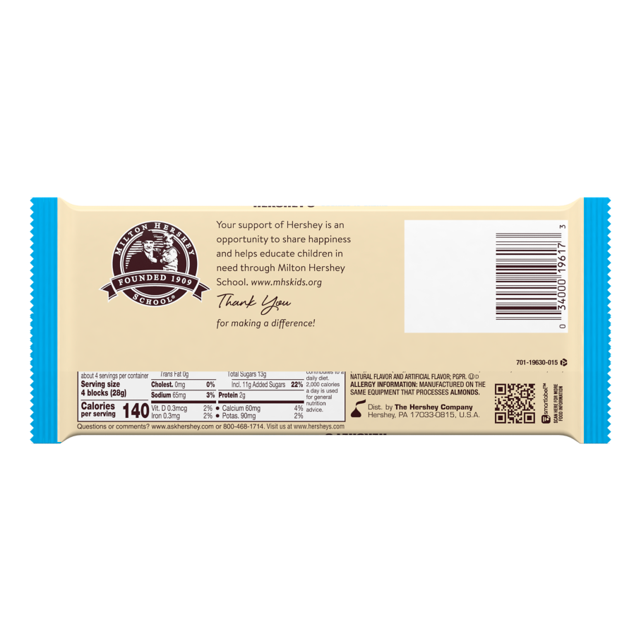 HERSHEY'S Cookies ‘N’ Creme XL Candy Bar, 4 oz - Back of Package