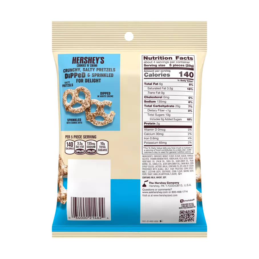 HERSHEY'S Dipped Pretzels COOKIES 'N' CREME Snack, 4.25 oz bag - Back of Package