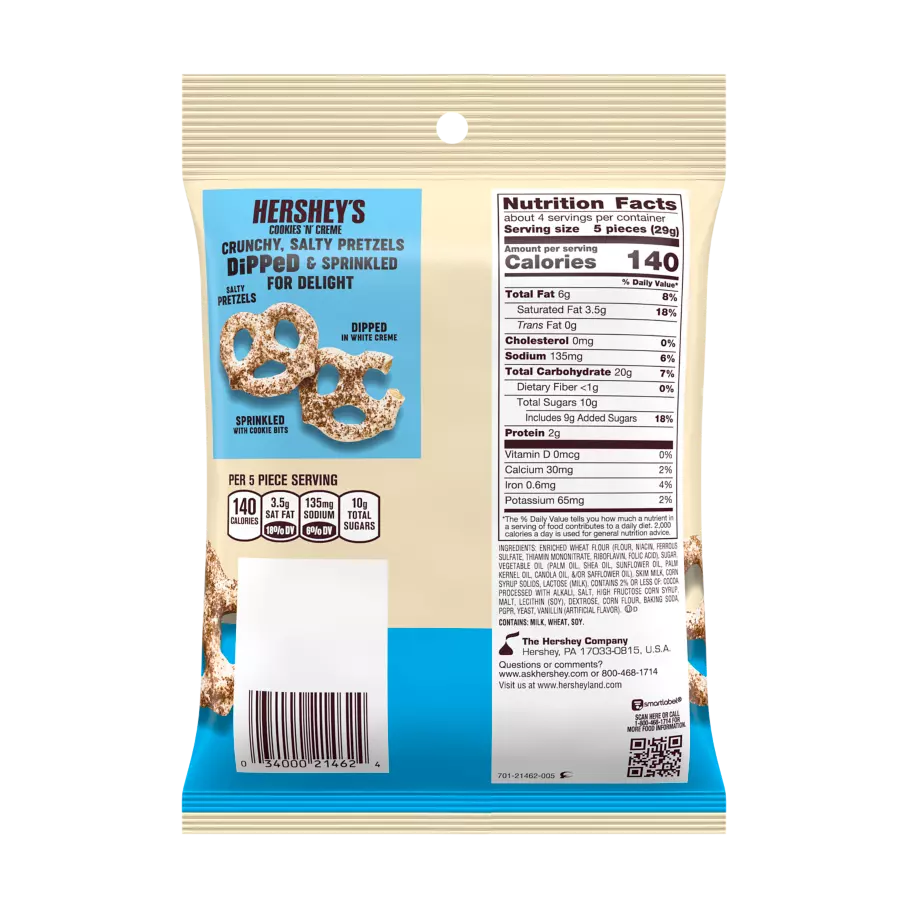 HERSHEY'S Dipped Pretzels Cookies ‘N’ Creme Snack, 4.25 oz bag - Back of Package