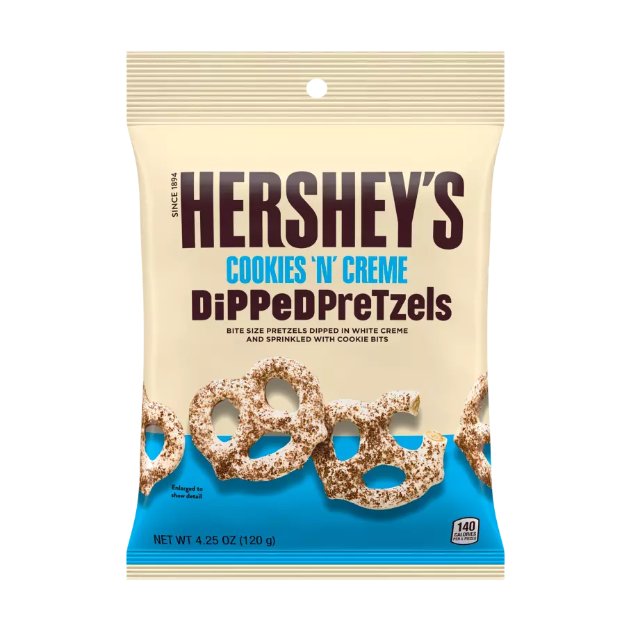 HERSHEY'S Dipped Pretzels Cookies ‘N’ Creme Snack, 4.25 oz bag - Front of Package