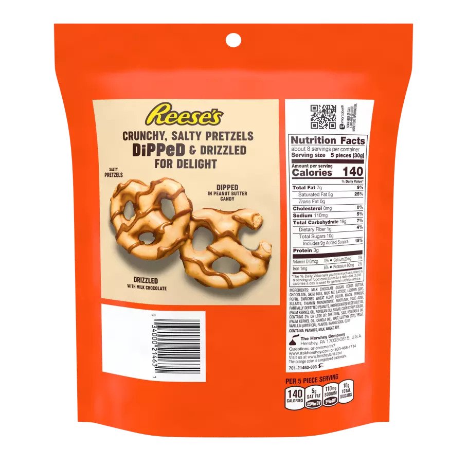 REESE'S Dipped Pretzels Milk Chocolate Peanut Butter Snack, 8.5 oz bag - Back of Package