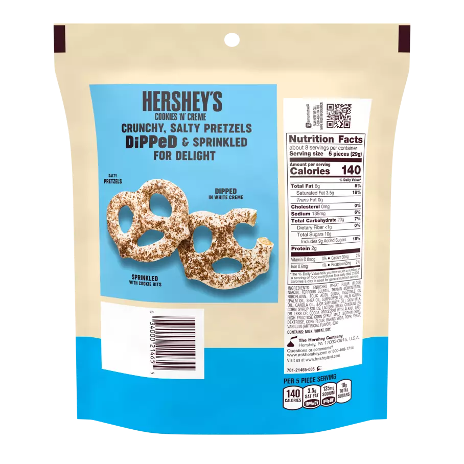HERSHEY'S Dipped Pretzels COOKIES 'N' CREME Snack, 8.5 oz bag - Back of Package