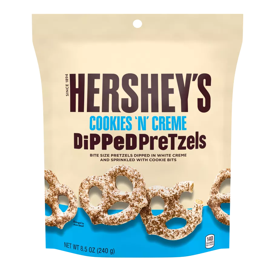 HERSHEY'S Dipped Pretzels COOKIES 'N' CREME Snack, 8.5 oz bag - Front of Package