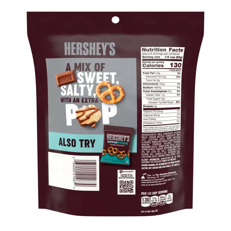 HERSHEY'S Popped Milk Chocolate Snack Mix, 8 oz bag - Back of Package