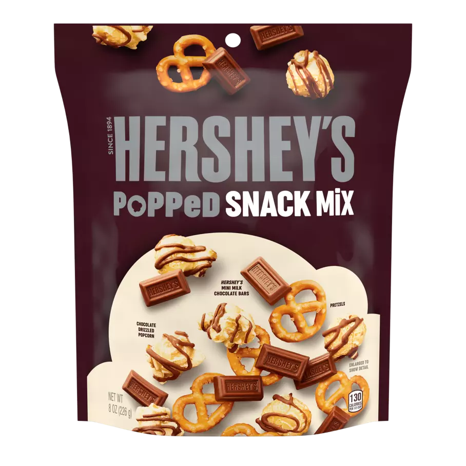 HERSHEY'S Popped Milk Chocolate Snack Mix, 8 oz bag - Front of Package