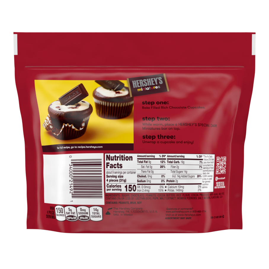 HERSHEY'S SPECIAL DARK Miniatures Dark Chocolate Assortment, 10.1 oz pack - Back of Package