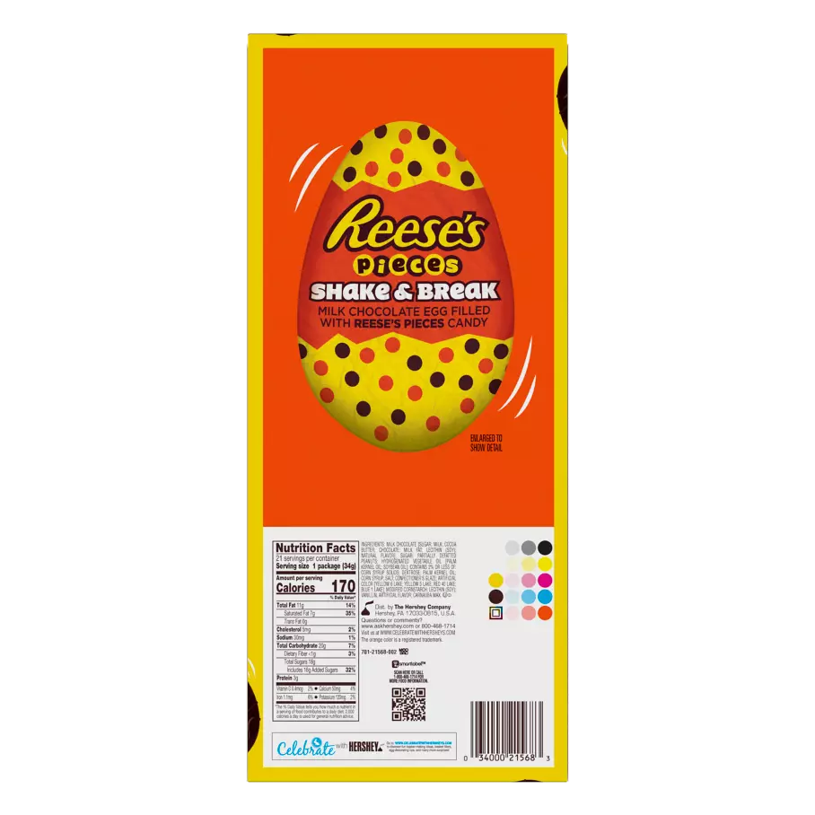 REESE'S PIECES SHAKE & BREAK Milk Chocolate Peanut Butter Eggs, 1.2 oz box, 21 eggs - Back of Package