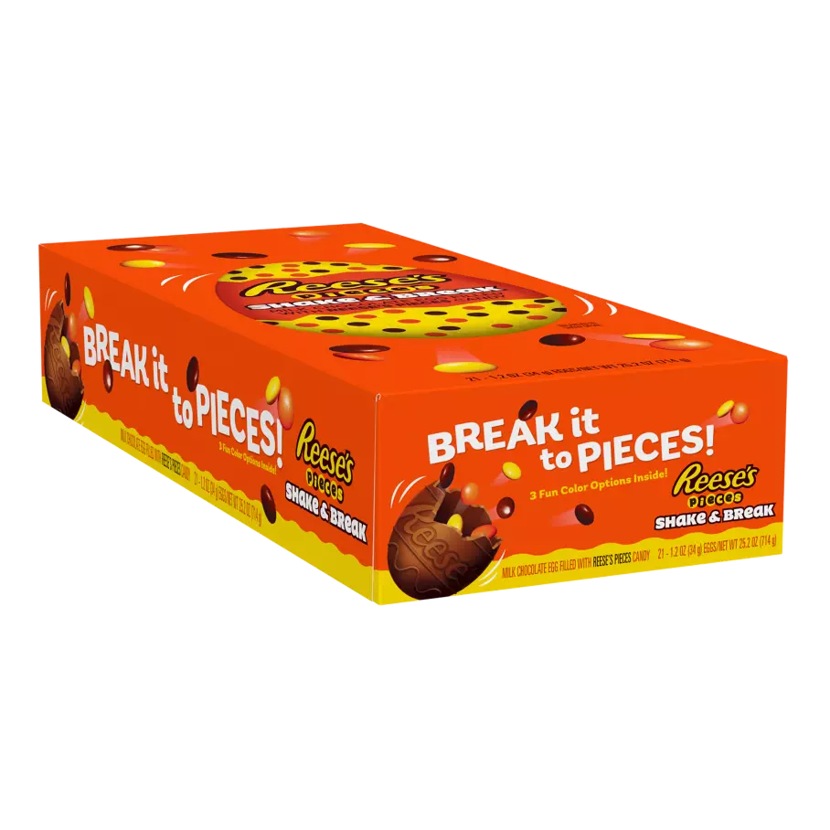 REESE'S PIECES SHAKE & BREAK Milk Chocolate Peanut Butter Eggs, 1.2 oz box, 21 eggs - Front of Package