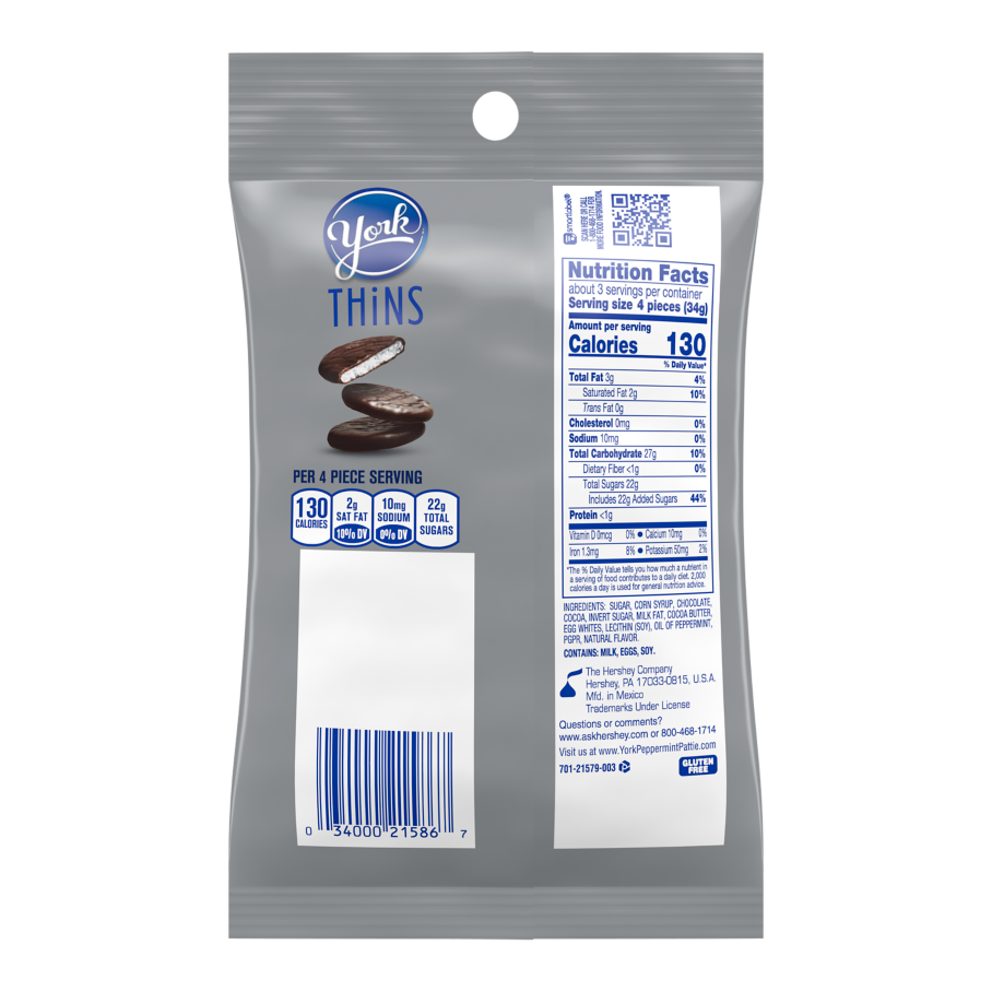 YORK THiNS Dark Chocolate Peppermint Patties, 3.4 oz bag - Back of Package